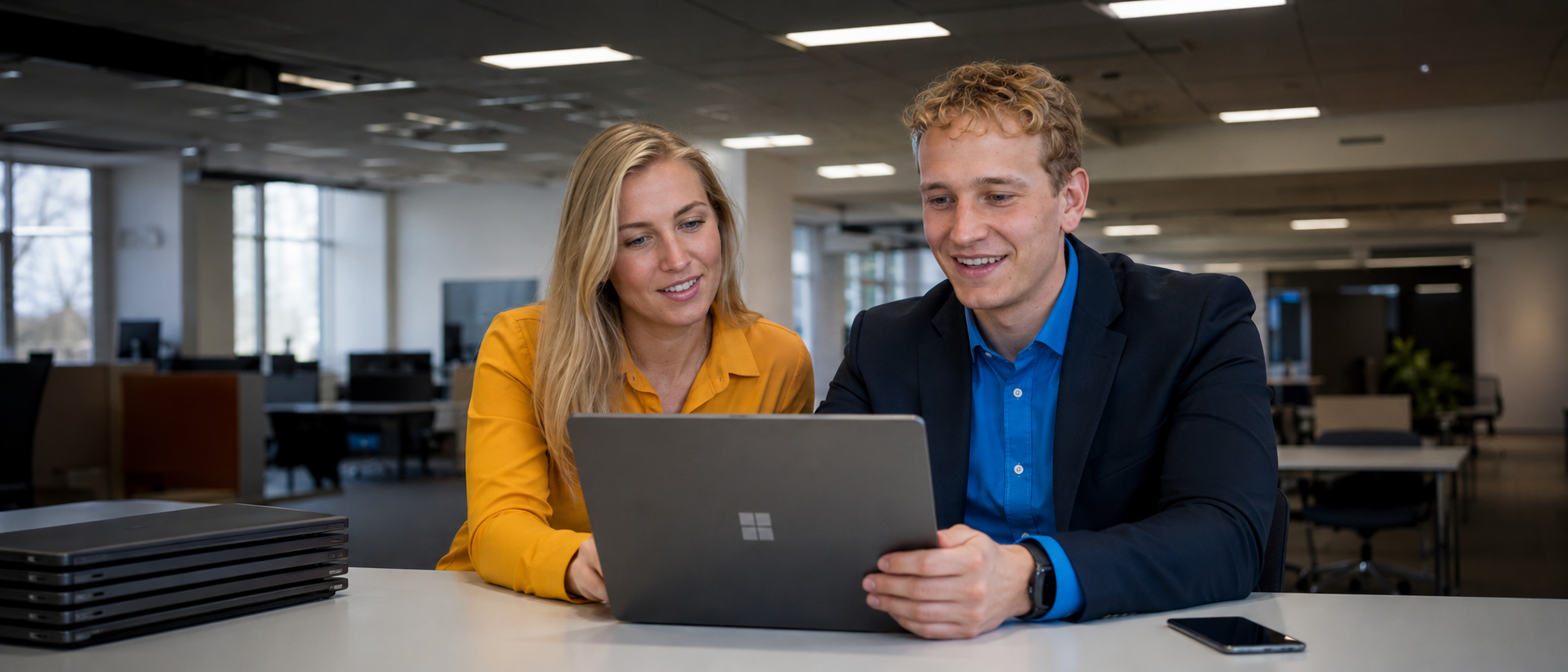 Two service-provider colleagues reviewing the Secloud partner dashboard together, with a stack of laptops ready for secure erasure on the desk